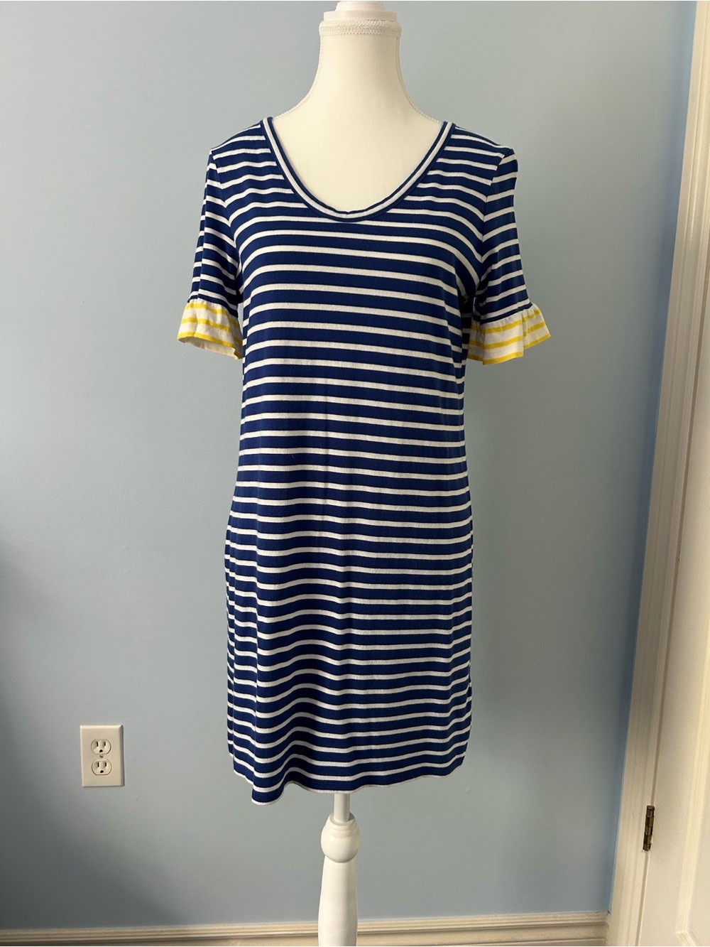 Boden Blue and White Striped Top with Yellow Trim